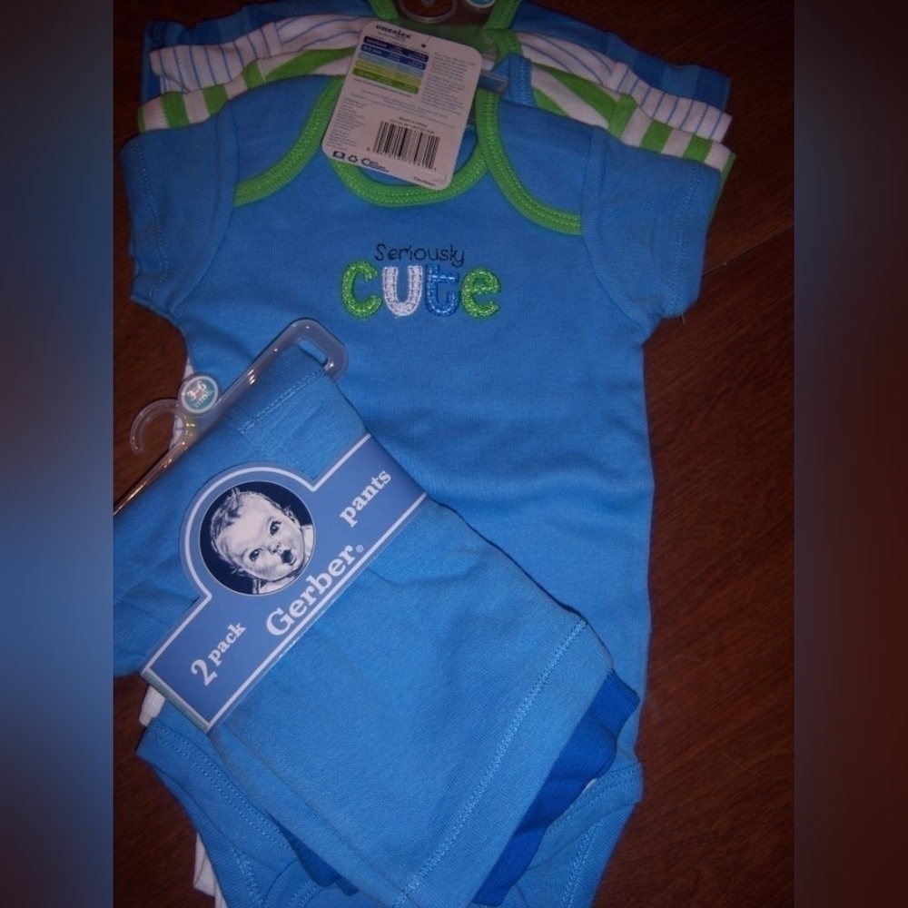 4 New Gerber Boy's Onesies and 2pk Pants, One of the Onesies says Seriously Cute